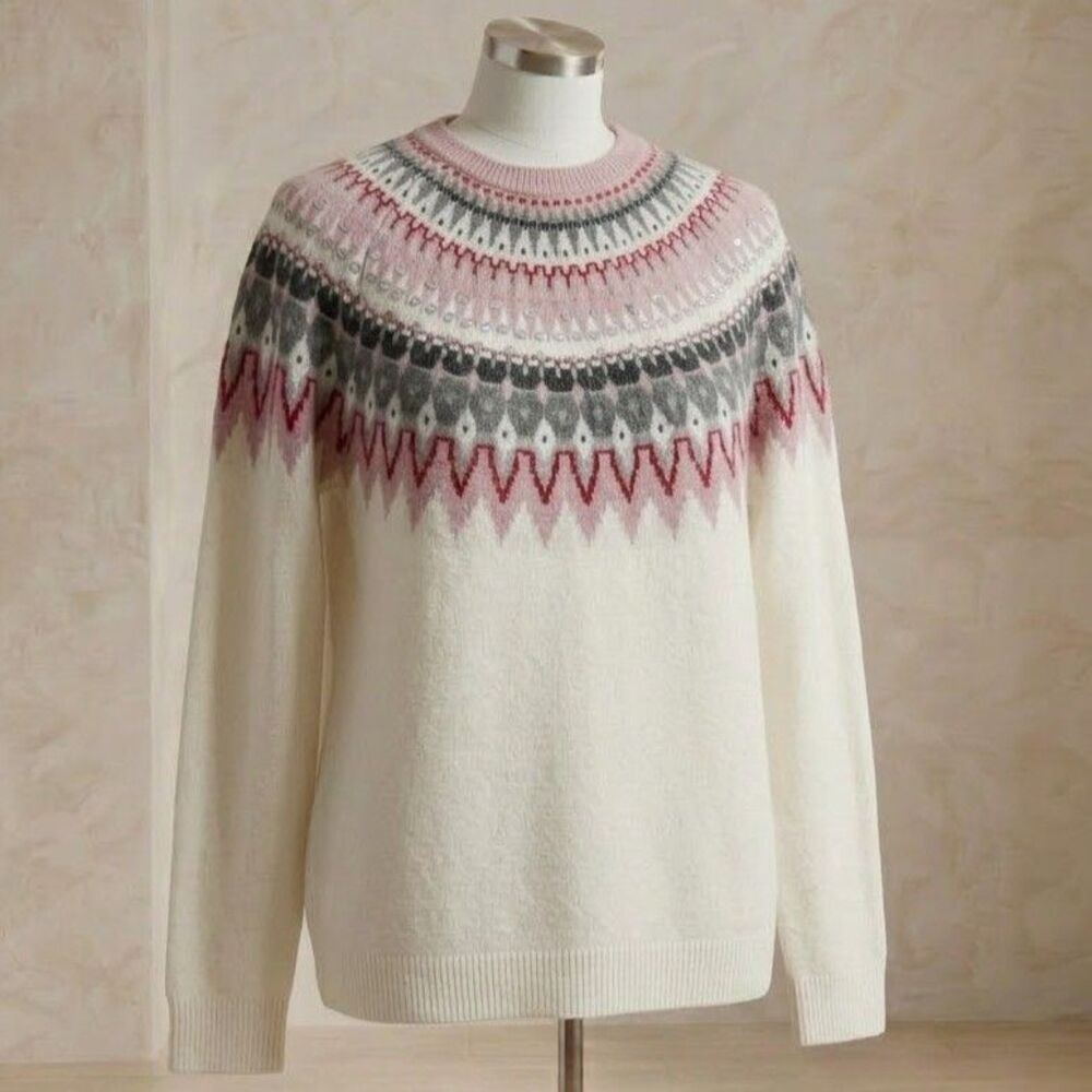 Talbots Plus Petite Womens Fair Isle Sweater 2XP Ivory Pink Sequin Nordic Yoke